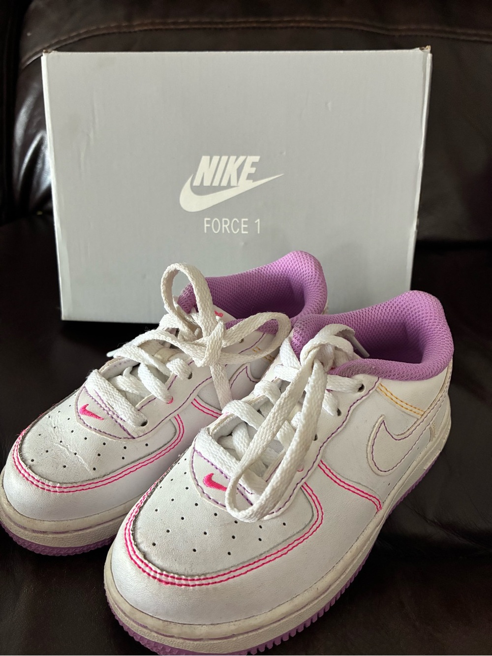 Nike Kids Force 1 White Sneakers with Fuscia Interior and Pink Accents